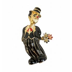 Vintage Black Enamel & Gold Tone Clown Brooch With Flowers